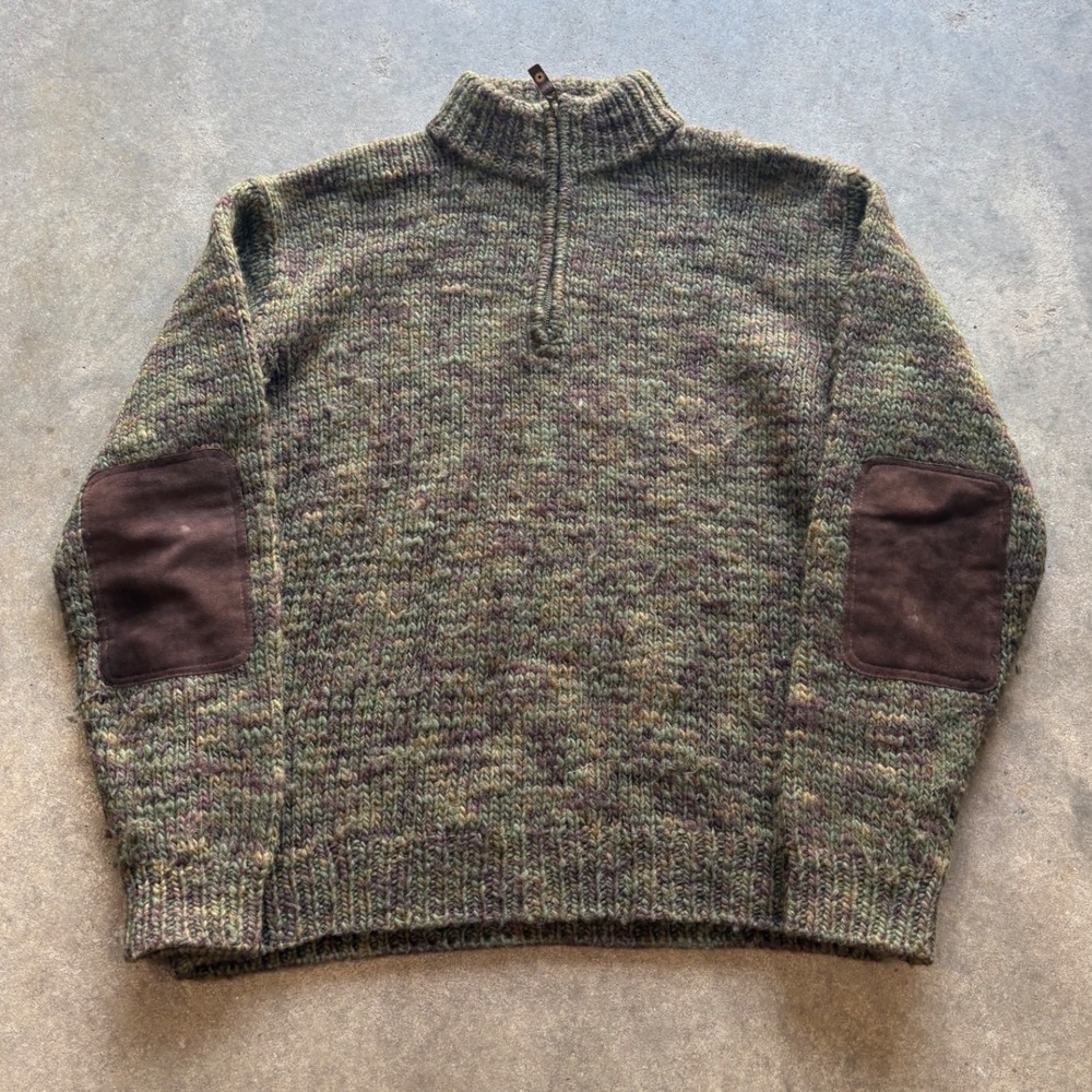 Men's Orvis Green Knit sweater with leather patches